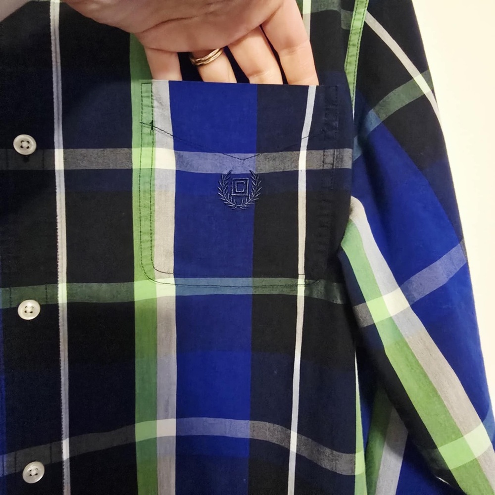 Chaps mens Navy and Lime Plaid Button Down Shirt size Large - Picture 5 of 5